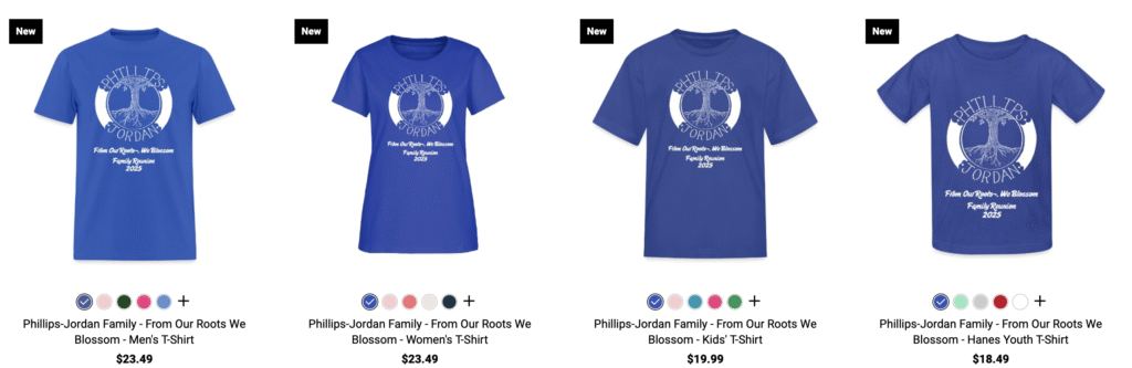 Men's, women's, kids', and youth t-shirts available 